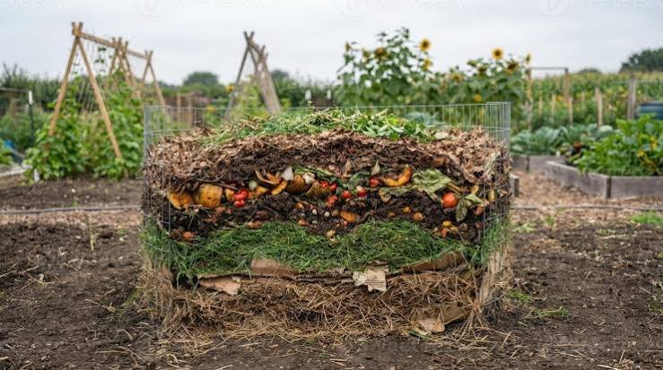 Home compost pile in a garden setting