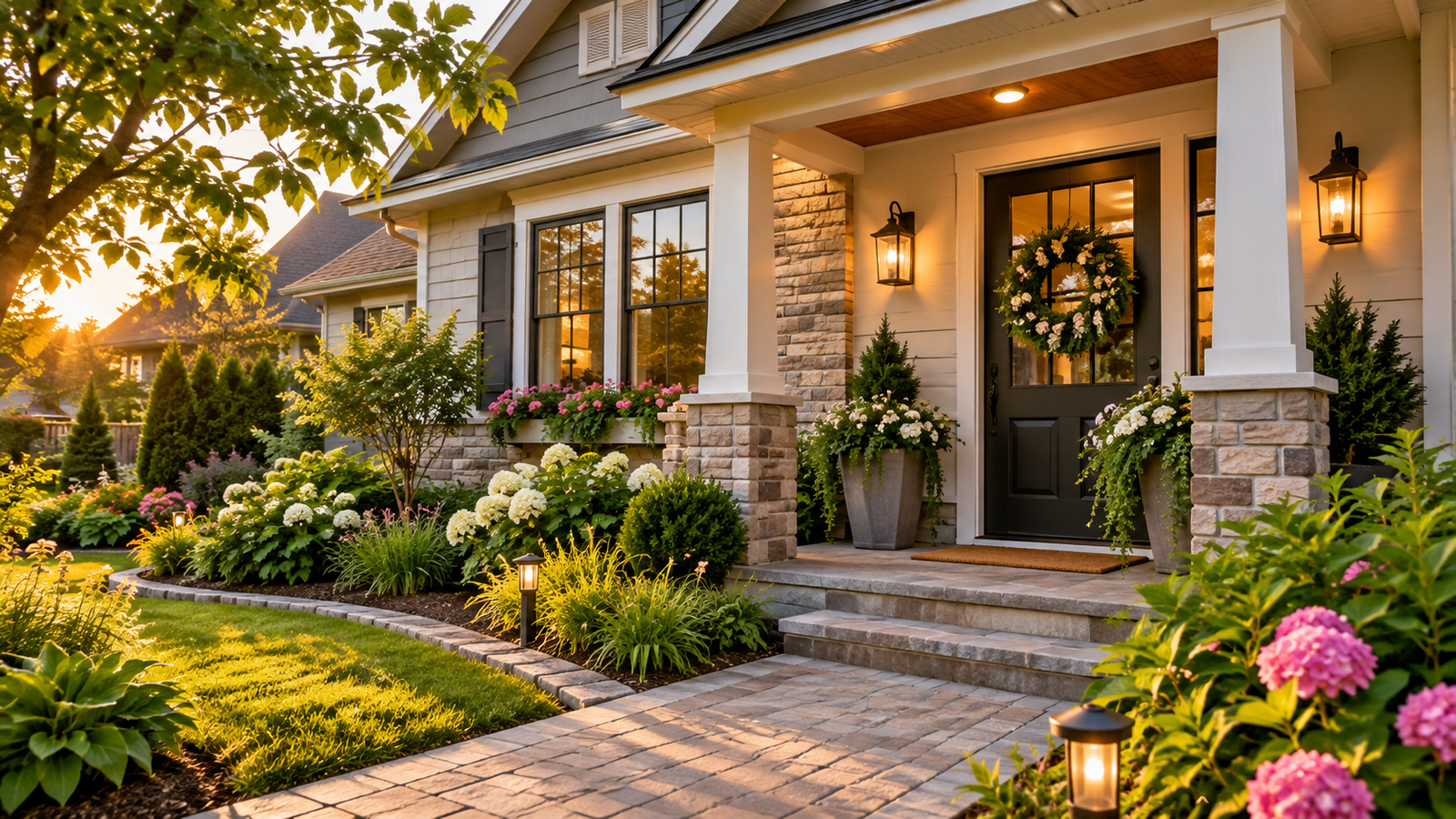 Refreshed home exterior with a welcoming front porch, stone accents, flower planters, and landscaped walkway.