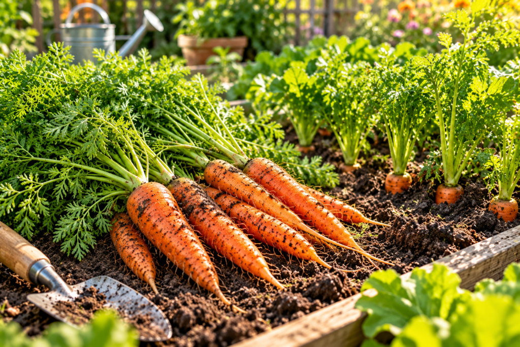 Fresh carrots growing in a home garden