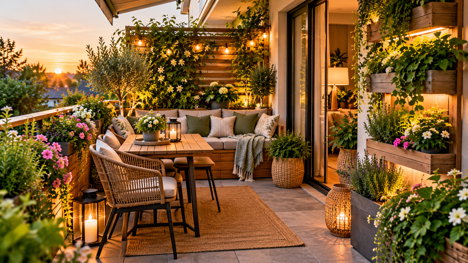 Small stylish terrace with compact wooden furniture, a built-in bench, vertical planters, potted flowers, and warm string lights