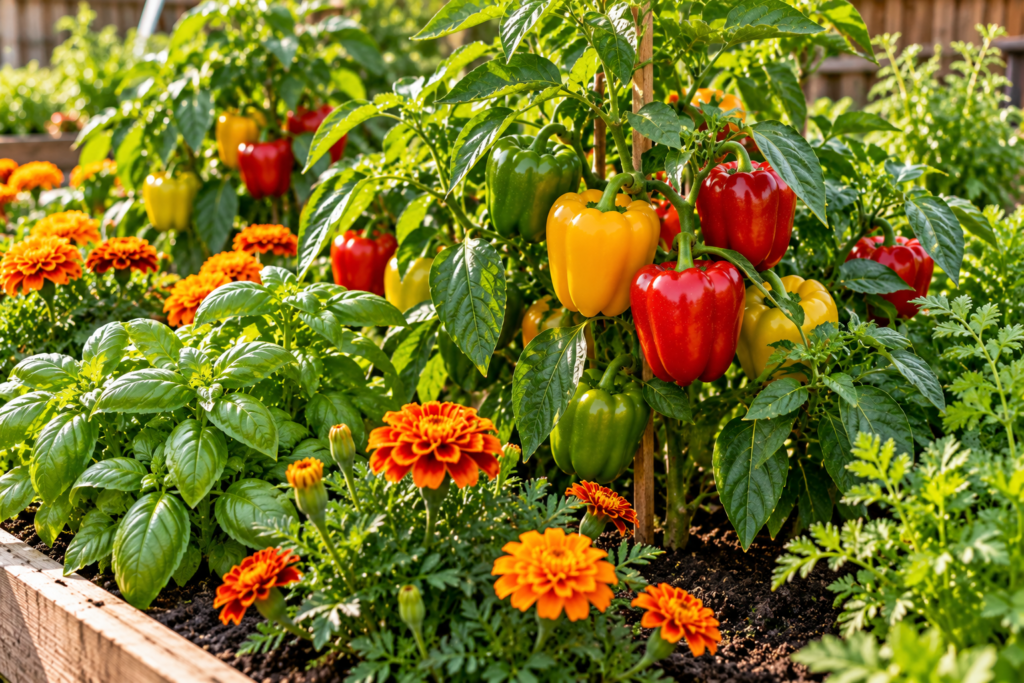 A colorful garden planting with peppers and flowers